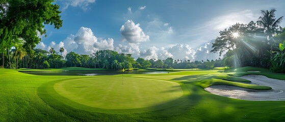 Wall Mural - View of a golf course in Thailand with lush green grass, beautiful scenery with sand pits bunker beside the greens and golf holes. blue sky sunny day.