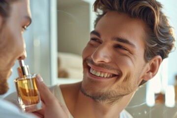 Poster - A cheerful man joyously holds a scented perfume