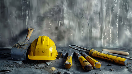 Wall Mural - Celebrating labor, this concept features construction tools and a yellow helmet against a grey background, highlighting the importance of labor and safety in the industry.