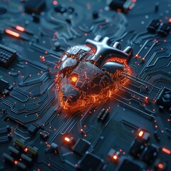 Poster - Heart shaped like a microchip. Technologies and life. AI generative.
