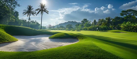 Wall Mural - View of a golf course in Thailand with lush green grass, beautiful scenery with sand pits bunker beside the greens and golf holes. blue sky sunny day.