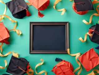 Wall Mural - framed graduation items for display, suitable for educational establishments