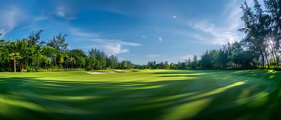 Wall Mural - View of a golf course in Thailand with lush green grass, beautiful scenery with sand pits bunker beside the greens and golf holes. blue sky sunny day.