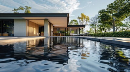 backyard view of a suburban modern home with a minimalist swimming pool and reflective water surfaces