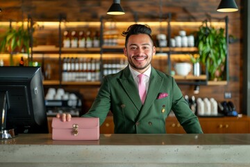 Wall Mural - The hotel receptionist in a suit is smiling as he works at the counter.