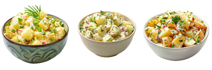 Set of a bowl of potato salad with vinaigrette dressing, side view, perfectly isolated on a transparent background