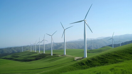 A row of wind turbines stand tall on a green hillside, generating clean energy under a clear blue sky