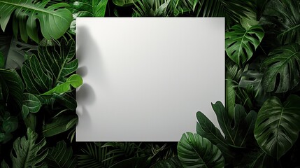 white poster framed by green foliage, providing a clean slate for nature-themed messages, eco-friendly advertisements, or creative expressions in a natural setting