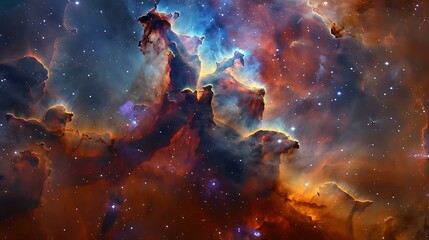 Poster - Majestic nebula formation with colorful gas clouds illuminated by distant stars set against the vast darkness of deep space