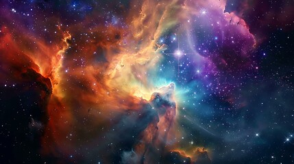 Poster - Majestic nebula formation with colorful gas clouds illuminated by distant stars set against the vast darkness of deep space