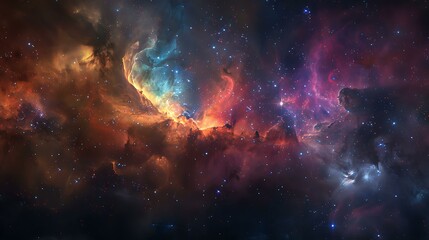 Poster - Majestic nebula formation with colorful gas clouds illuminated by distant stars set against the vast darkness of deep space