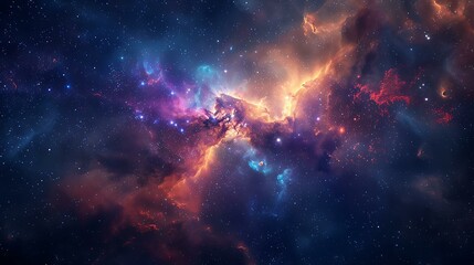 Poster - Majestic nebula formation with colorful gas clouds illuminated by distant stars set against the vast darkness of deep space