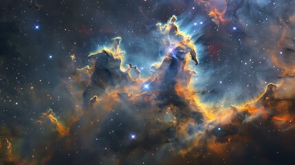 Poster - Spectacular cosmic landscape featuring a swirling nebula with radiant colors and sparkling stars shining through the interstellar medium