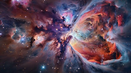 Poster - Spectacular cosmic landscape featuring a swirling nebula with radiant colors and sparkling stars shining through the interstellar medium