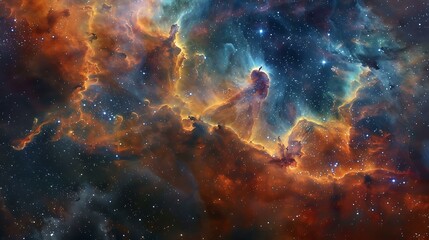 Poster - Spectacular cosmic landscape featuring a swirling nebula with radiant colors and sparkling stars shining through the interstellar medium