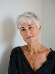 Wall Mural - A poised woman dressed in black, ready to have her photo taken