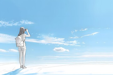 Young woman sketch with backpack using binoculars, looking at horizon under clear blue sky.