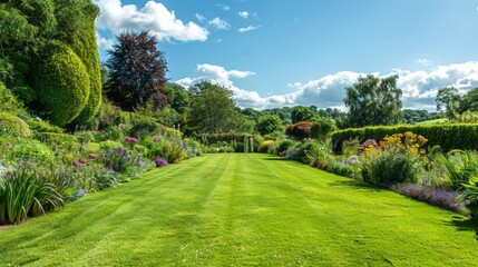 Poster - A lush green lawn with a variety of flowers and shrubs