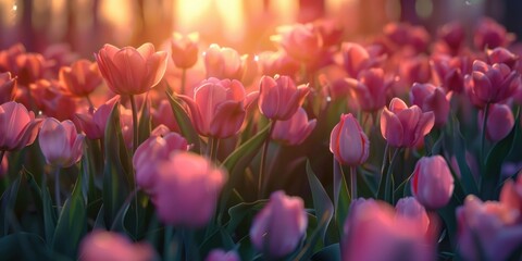 Poster - Beautiful scene of vibrant pink tulips basking in sunshine