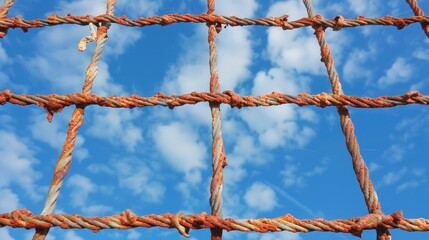 Rusty wire mesh against blue sky symbolizing freedom and breakthrough