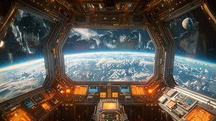 Poster - the interior of a spacecraft control center, with large windows showcasing earth and the moon in the