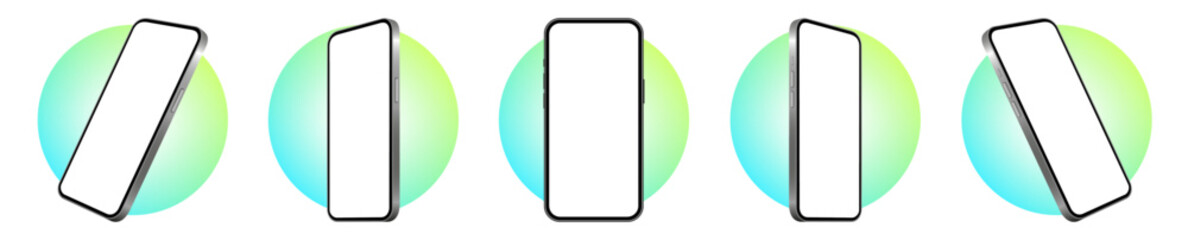 Wall Mural - Mockup of a phone screen. Social media promotion. Advertising on a smartphone display. Device front view. 3D mobile phone. Cell phone. Blue and green gradient bubble	
