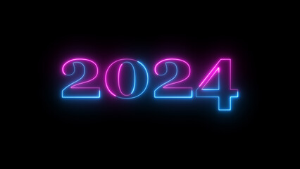 Neon text calendar 2024 illustration, glowing neon icon blue colors.	