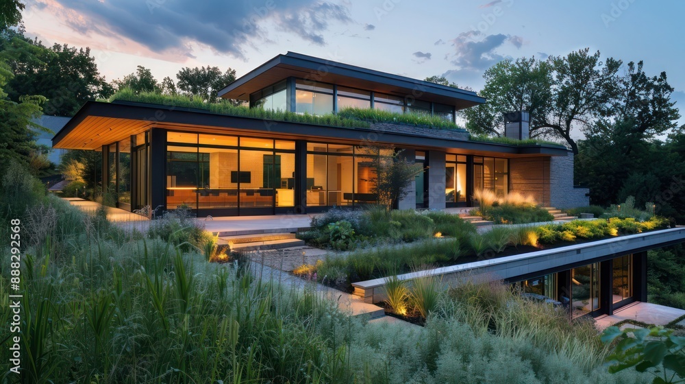 Picture of suburban modern home with a green living roof and native landscaping ...