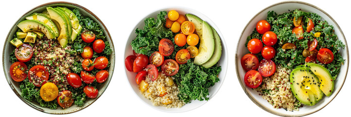 Wall Mural - Set of A colorful kale and quinoa salad bowl, garnished with cherry tomatoes and avocado slices, isolated on a transparent background