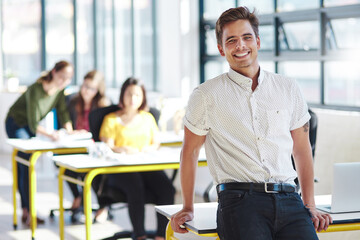 Aufkleber - Man, portrait and office on desk, smile and staff for web design, arms crossed and happy. Businessman, management and startup creative agency for employee, workshop and company workforce goal