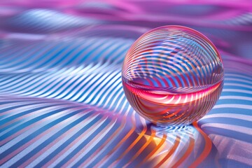 Poster - Transparent sphere with colorful stripes on a textured surface, representing modern art and design in a vibrant, abstract visual