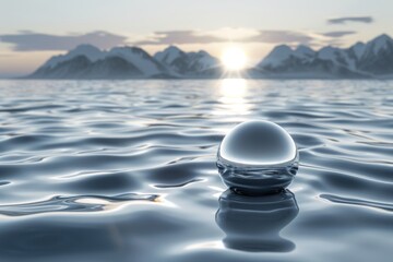 Poster - Crystal ball floating on a serene lake at sunset, symbolizing mysticism and tranquility in a vibrant, surreal visual