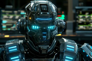 Poster - Futuristic robot with glowing blue eyes, symbolizing technology and innovation in a high-tech, modern visual