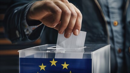 Wall Mural - A close-up of a votera??s hand placing a ballot into a clear voting box with the European Union emblem