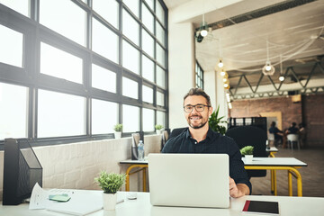 Poster - Business, portrait and man with laptop, ideas and startup with connection, planning and project. Mature person, journalist or creative agency with research for article, company web design or internet