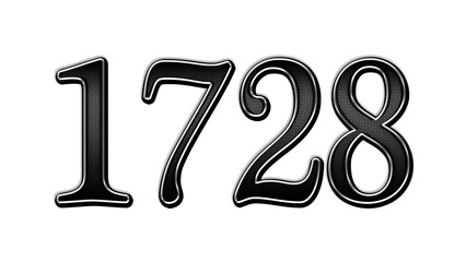 black metal 3d design of number 1728 on white background.	