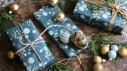 Canvas Print - Eco friendly Christmas gift wrapping with paper baubles and twine in blue banner