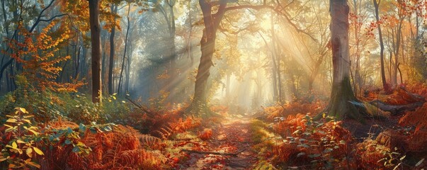 Sticker - Sunbeams Illuminating an Autumn Forest Path