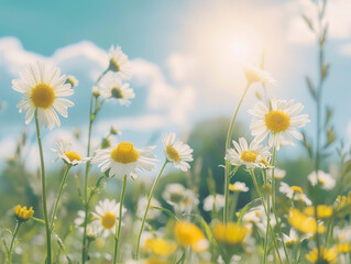 Wall Mural - A field of yellow and white flowers with a bright sun shining on them.