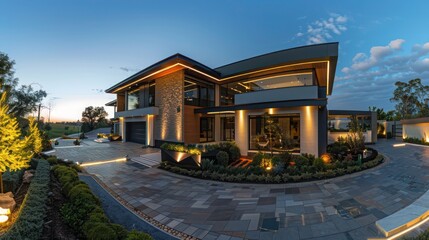 Wall Mural - panoramic view of a suburban home's modern facade, with composite materials and dynamic lighting