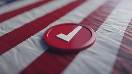 Close up of a white check mark on a red voting label over an american flag