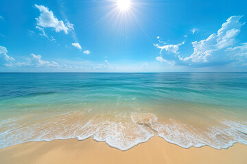 Wall Mural - A beautiful beach with a blue ocean and a cloudy sky.