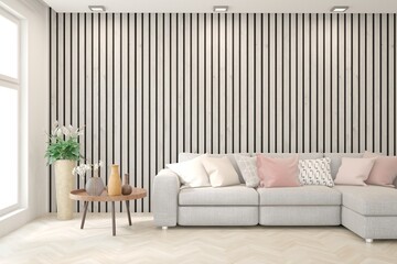 Wall Mural - White living room with sofa. Scandinavian interior design. 3D illustration