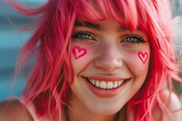 Wall Mural - A woman with pink hair and pink lipstick is smiling and has heart stickers on her face. She looks happy and confident