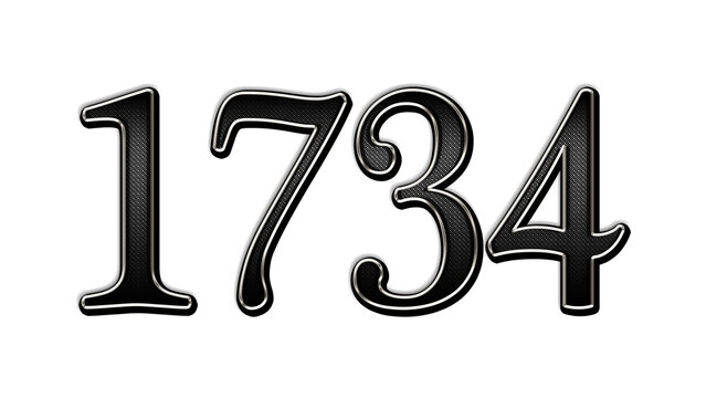 black metal 3d design of number 1734 on white background.	