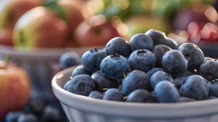 Wall Mural - A bowl of succulent blueberries in focus at the forefront, with blurred bowls of assorted berries and apples in the background for a fresh and colorful display.