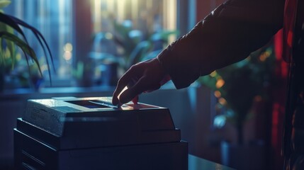 Wall Mural - Shallow depth of field (selective focus) image with the hand of a person voting in the US presidential elections. AI generated