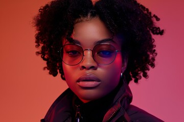 Sticker - Portrait of a woman with glasses against a red background, illustrating style and confidence in a vibrant, modern visual