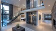 © Salman - contemporary suburban home with an architectural focus on vertical living, featuring multiple levels connected by a sleek glass elevator