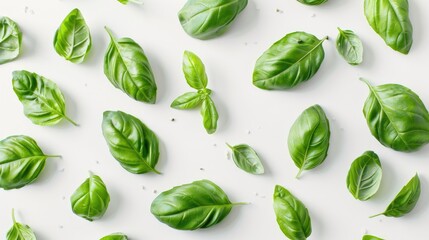 Wall Mural - Top view of basil leaves on a white surface